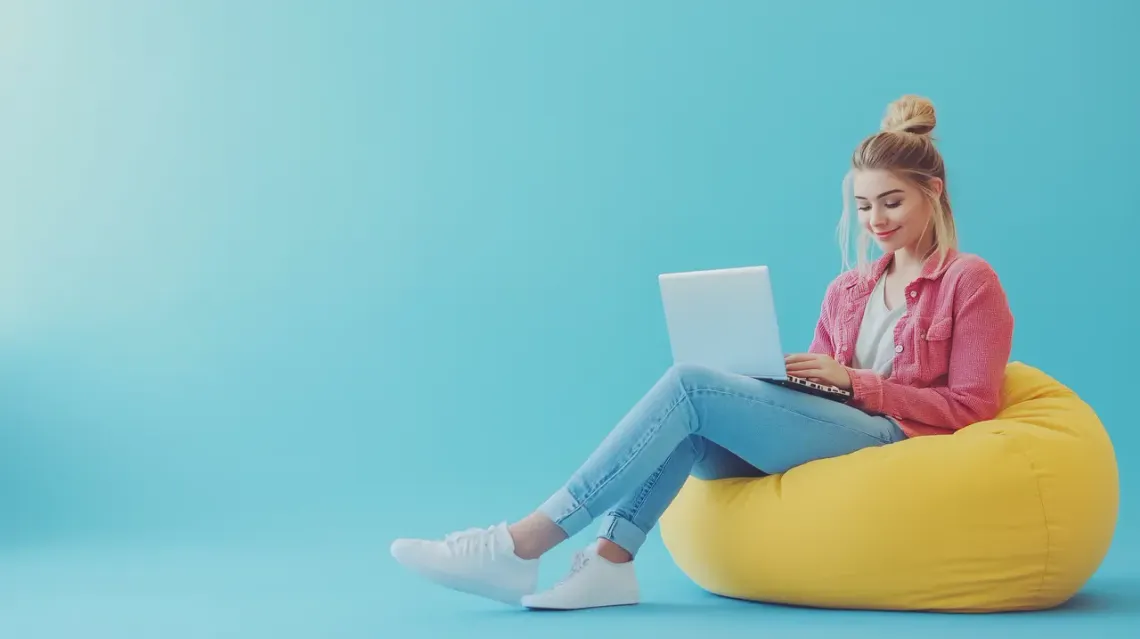 Woman sitting on a bean bag using a laptop.