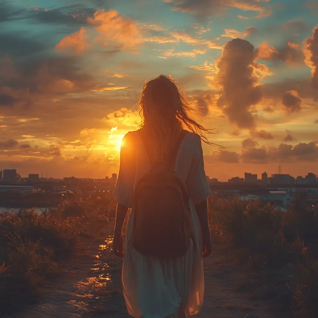 Woman strolling serenely down a dusty road at sunset, embodying resilience and hope in a rural setting.