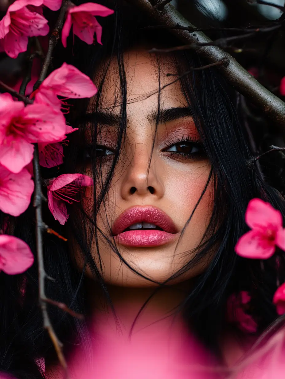 Woman with black hair and a pink flowers all around her face, her features not clearly visible.