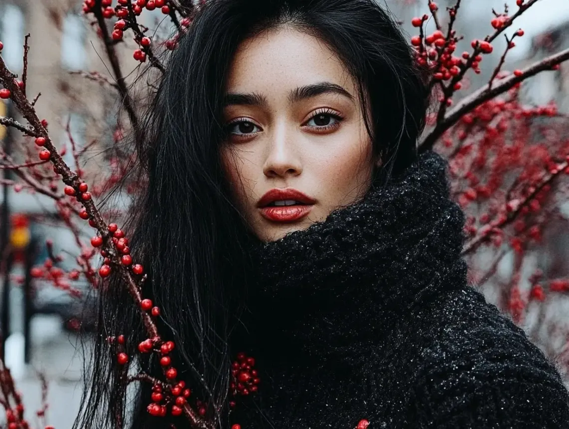 Elegant woman with long black hair and a scarf around her neck, showcasing a fashionable vibe.