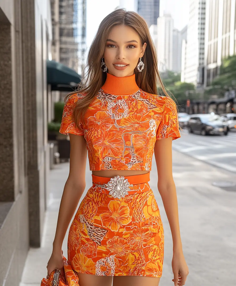 Woman walking down an urban street in a standout orange skirt and top.