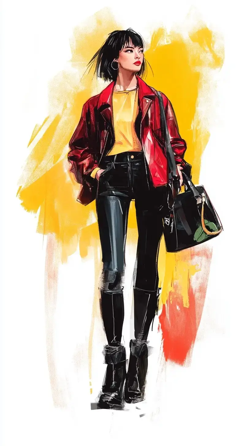 Woman in a red jacket and black pants demonstrating style and confidence.