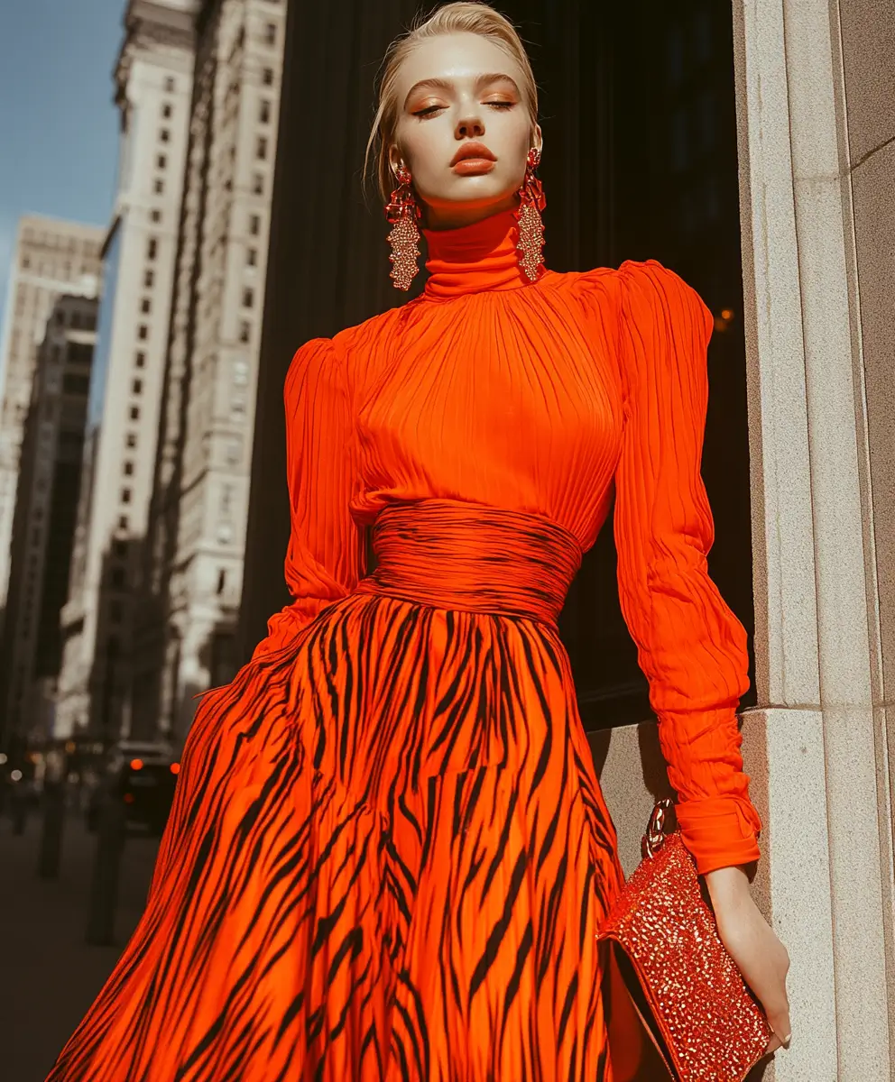 Elegant woman in an eye-catching orange dress showcasing her sophisticated and bold style.