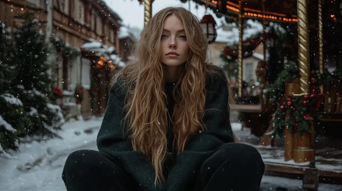 Woman dressed warmly sitting alone on a snow-covered wooden bench in a tranquil winter landscape.