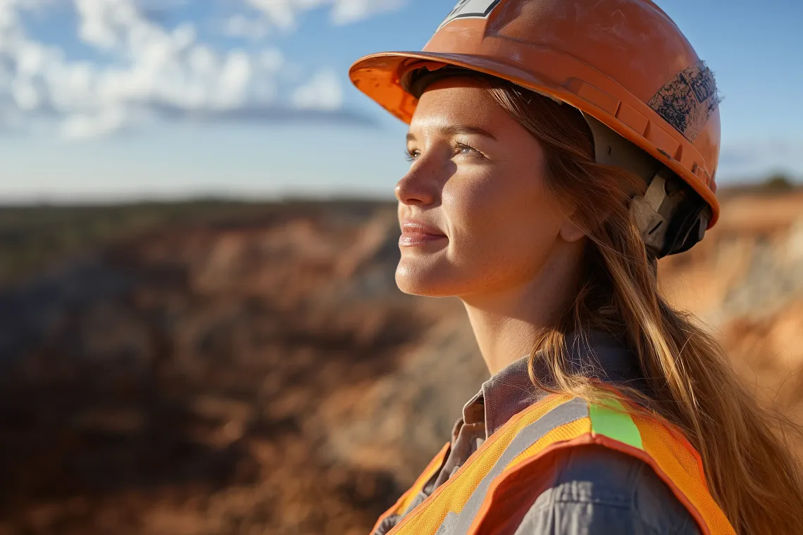 A professional woman in a hard hat and vest, focused and ready for work at a construction site.