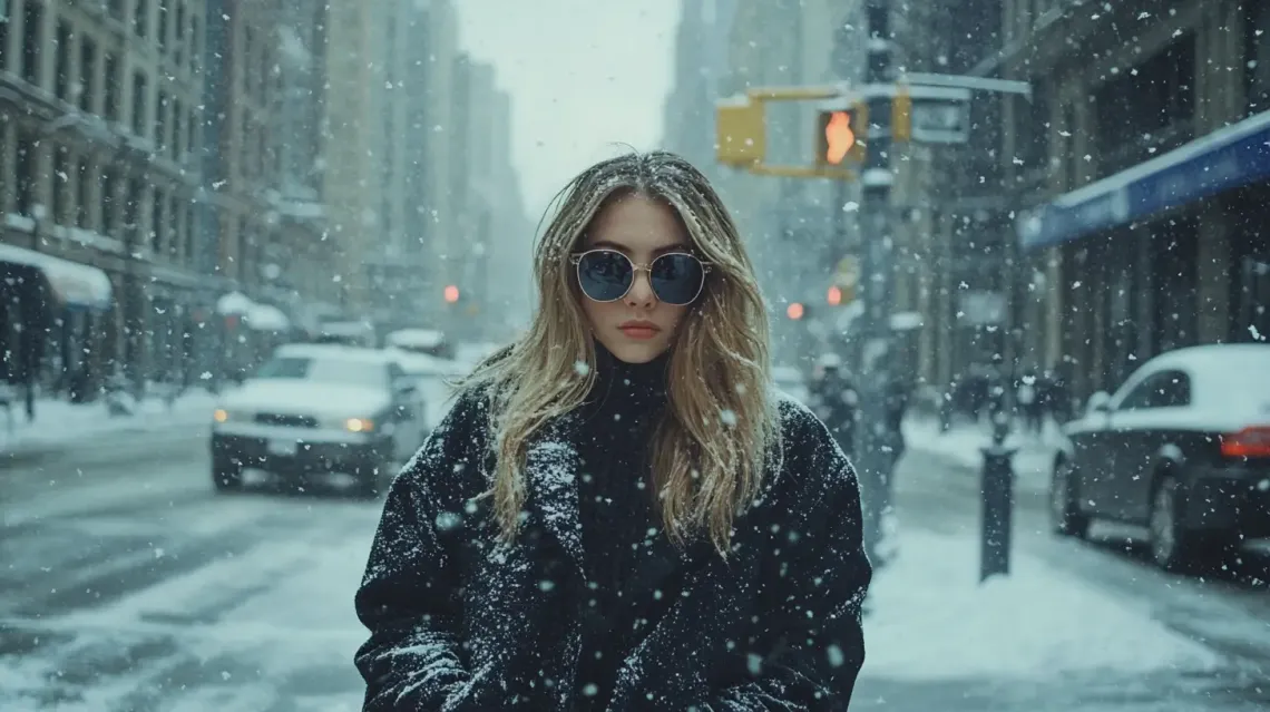 Woman in winter clothing standing on a snow-covered city street, enjoying the serene beauty around her.