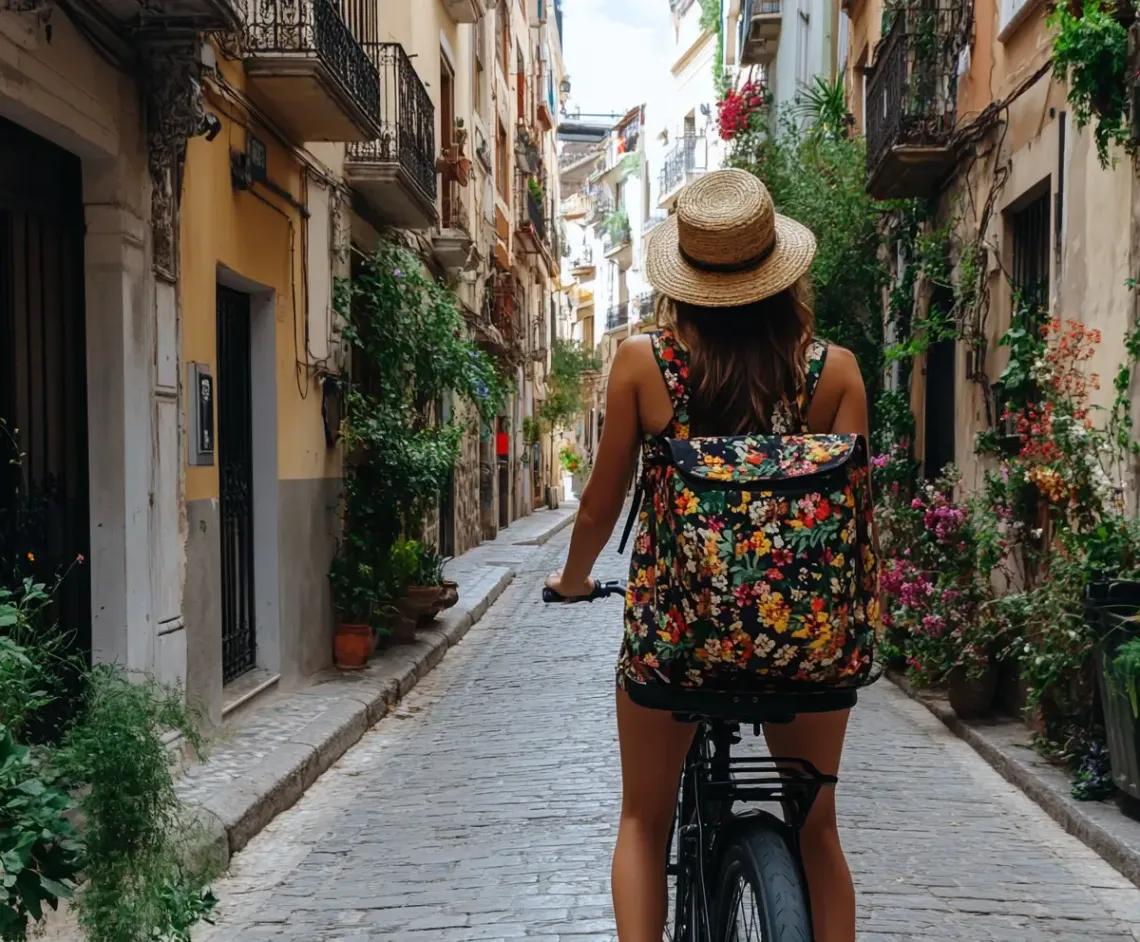 Woman enjoying a leisurely bike ride down a cozy, narrow, urban street lined with buildings.