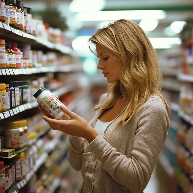 Woman browsing food supplements and vitamins in a store.