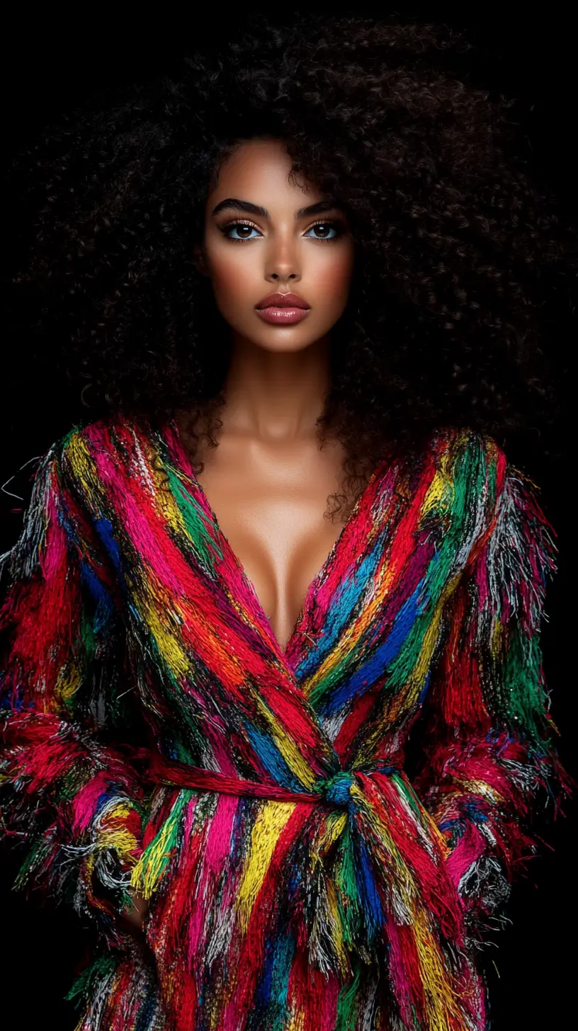 Woman with voluminous long afro hairstyle, in a vibrant dress.