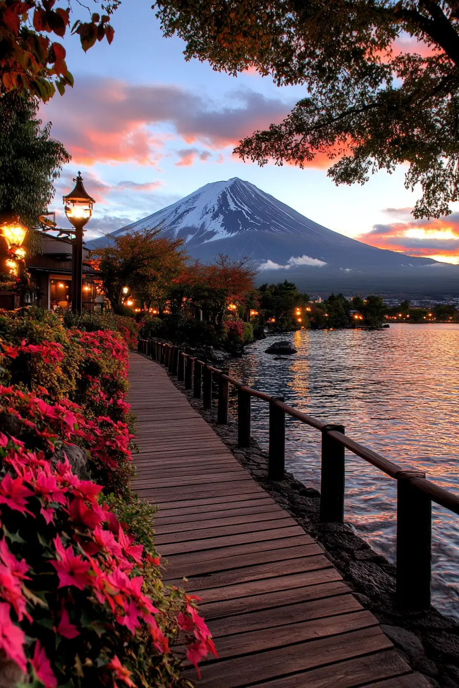 Wooden walkway extending towards a peaceful lake with a majestic mountain in the background.