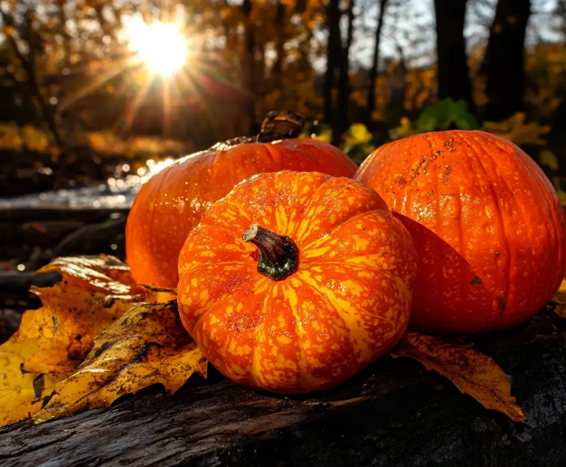 Three different sized pumpkins on a weathered log in the forest, surrounded by greenery and dappled sunlight.