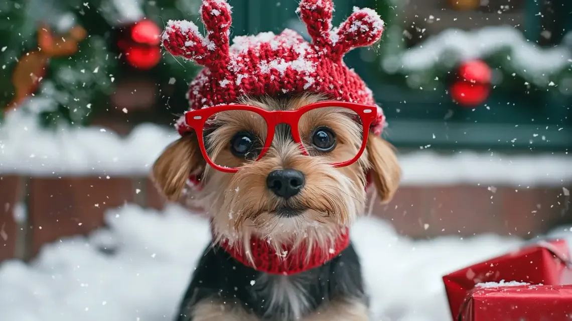 Yorkshire terrier wearing red-framed Christmas glasses.