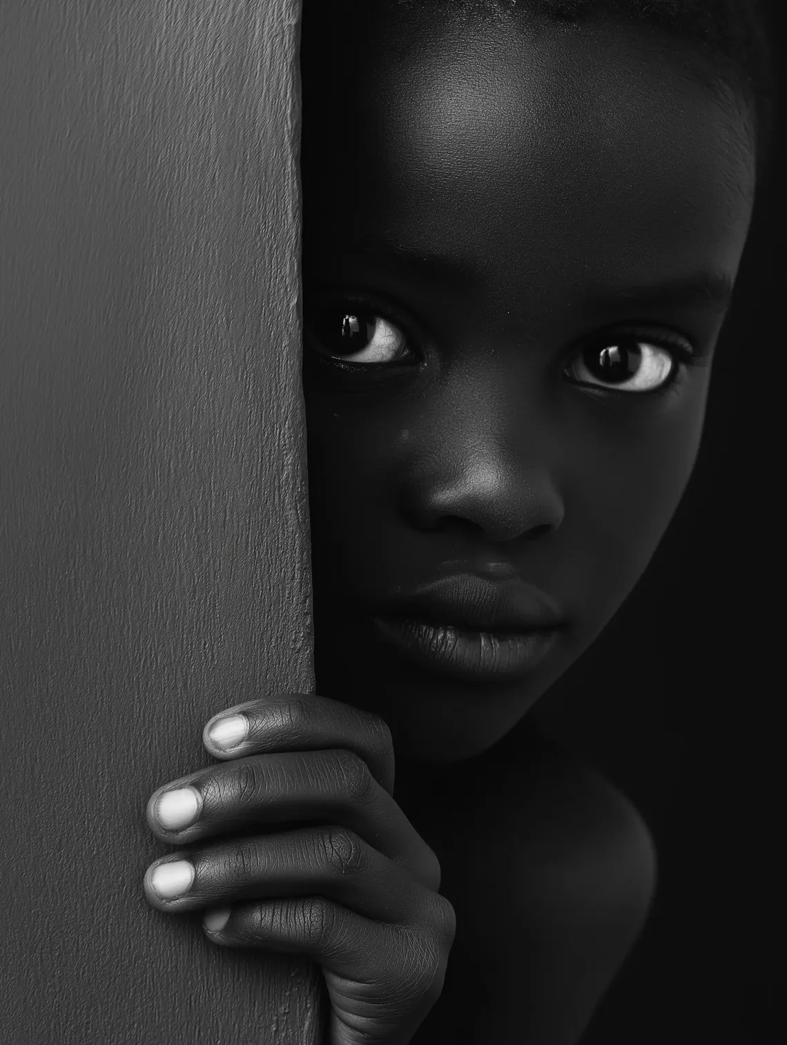 Young girl hiding behind a wall in a high-quality black and white image.