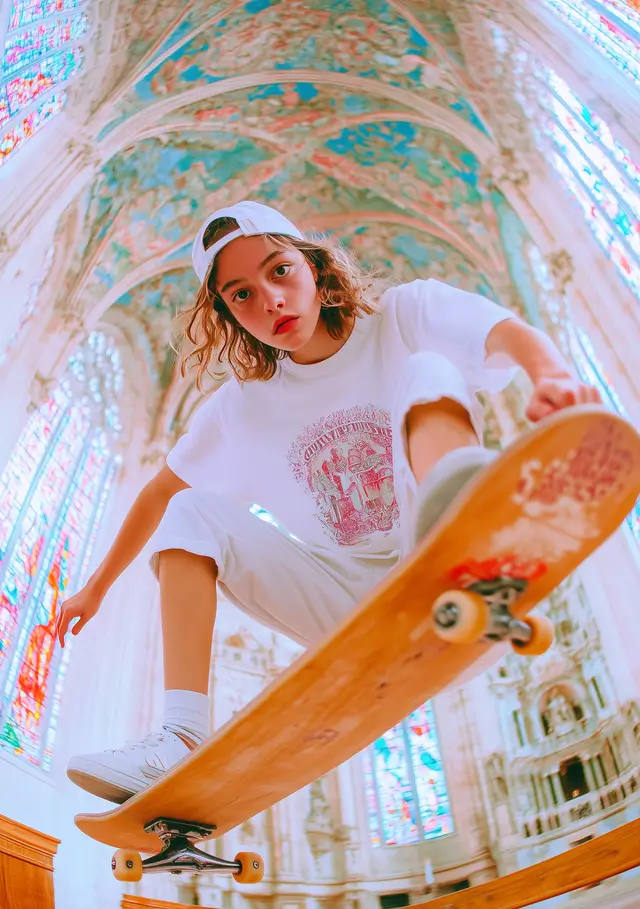 A young woman skateboarding inside a grand church.