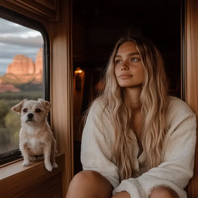 Cinematic portrait of a young woman sitting thoughtfully.