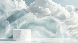 Clear Water Swirling Around White Marble Stand with Cloud Accents