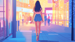 Elegant Anime Illustration of Woman Walking Down Street