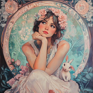 Elegant Woman with Floral Accents in Alphonse Mucha Style