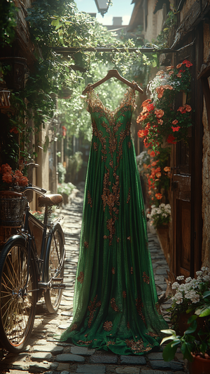 Emerald Green Dress with Floral Accents