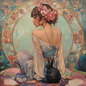 Woman and Rabbit in Floral Art Nouveau Frame