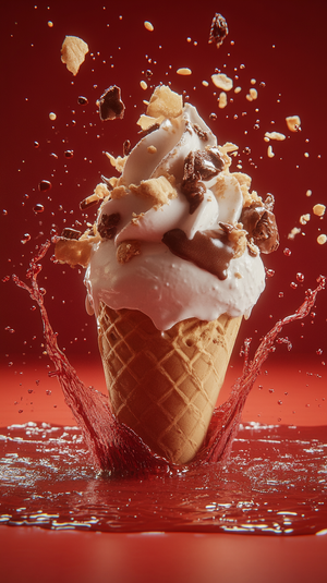 High-Resolution Splashing Chocolate Ice Cream on Wood Table