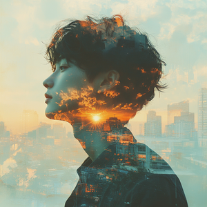 Introspective Double Exposure of Silhouetted Young Man