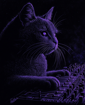 Vaporwave Bio-Wizard Cat on Synthesizer by Solarwave Beach