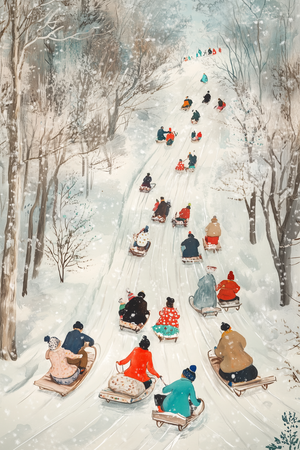 Watercolor Winter Sled Race with Festive, Multicultural Flair