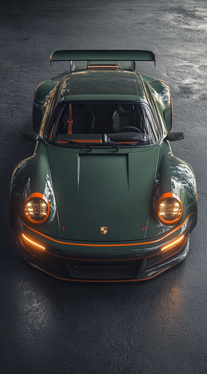 Wide-Angle Overhead of Retro-Futuristic Dark Green Porsche 930