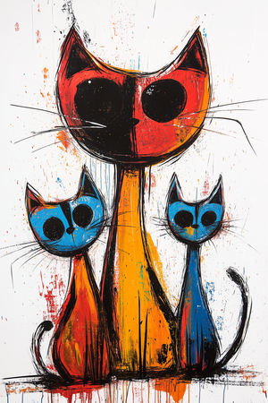 Abstract Expressionist Cat Family in Picasso Style