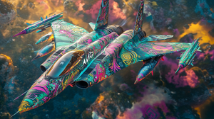 Alebrije-Inspired Combat Jet in Flight over Surreal Landscape