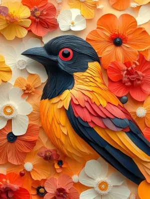 Calm Bird Surrounded by Blooming Flowers on Wall