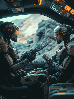 Cinematic Still of Robots in Spaceship Cockpit with Energy Weapon