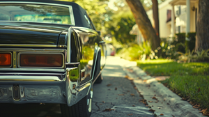 Close-Up of Black 1970s Lincoln Continental Trunk in Suburbia