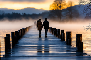 Couple Walking on Pier at Golden Hour in Misty Setting