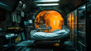 Cramped Dark Starship Medical Room with Futuristic Details