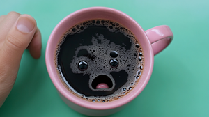 Cup of Black Coffee in Pink Mug with Bubble Face