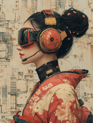 Cyberpunk Geisha in Futuristic Cityscape