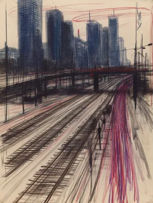 Dynamic City Drawing with Train on Tracks Through Urban Scene