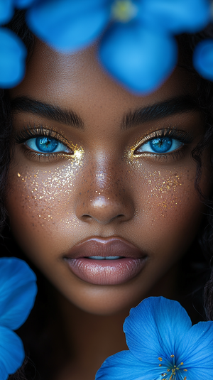 Editorial Close-Up of African Woman with Blue Eyes and Golden Freckles