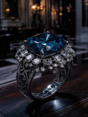 Elegant Blue Diamond Ring on Rustic Wooden Table