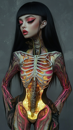 Elegant Woman in Glowing Marigold Skeleton Bodysuit