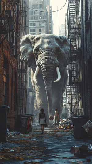 Elephant and Woman Walking in New York Alleyway