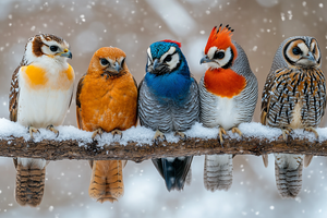 Five Majestic Winter Birds Perched on Snowy Branch