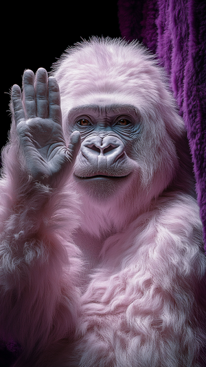 Friendly White Gorilla Waving on Vibrant Violet Background