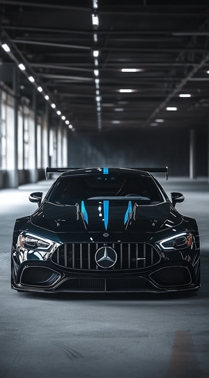 Front View of Mercedes AMG GT63 Coupe Race Car in Dark Garage