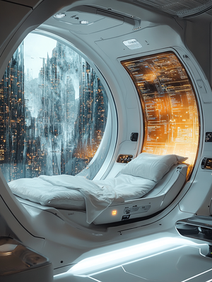 Futuristic Sci-Fi Interior with Holographic Displays and LED Lighting