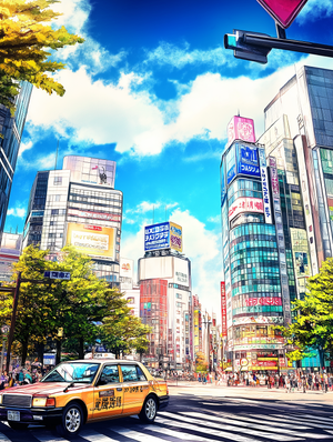 Gouache Painting of Shibuya Crossing in Vibrant Colors