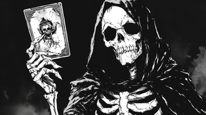 Grim Dark Hooded Skeleton Reading Tarot in Black and White