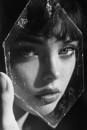 Hexagon Glass with Distorted Black-and-White Portrait Reflection